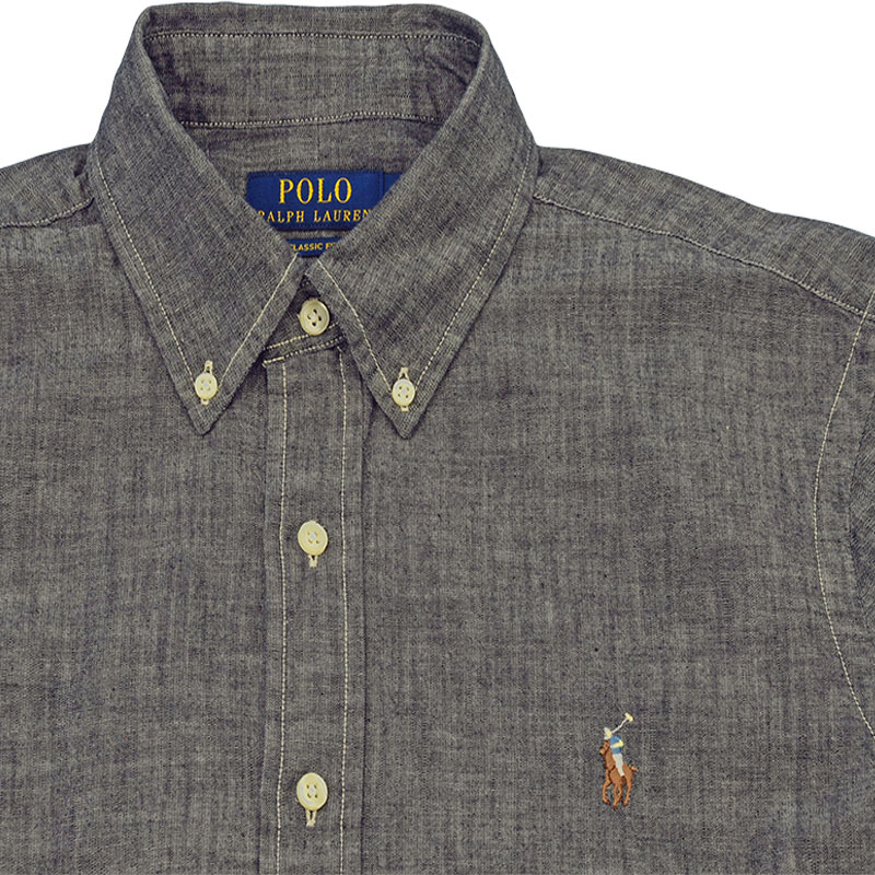 �����t���[���� �_�[�N�O���[�V���c �݌��A�b�v�iPOLO RALPH LAUREN�̃l�C�r�[�̃u�����h�^�O�ACLASSIC FIT�̕\�L�A�u���E���ƃu���[�̃|�j�[�h�J�̃f�B�e�[���j
