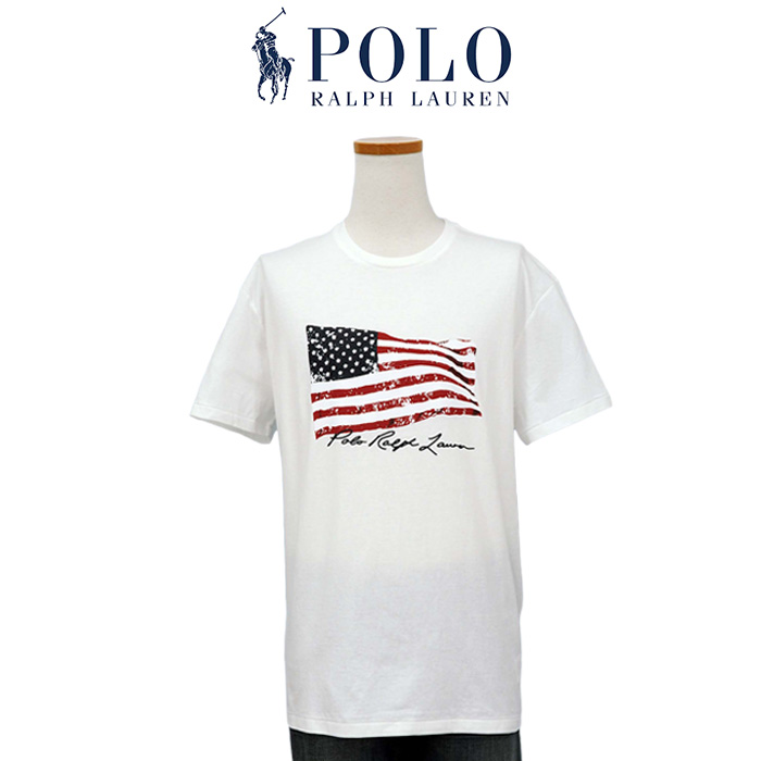 ラルフローレン メンズ USAフラッグプリント 裾ポニー刺繍 半袖Tシャツ クラシックフィット ホワイト
