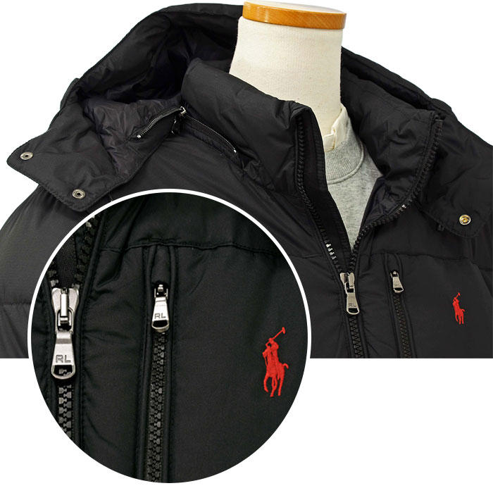 ラルフローレン メンズ ダウンジャケット（フード着脱可能) ブラック 左胸と右胸にジップポケット
