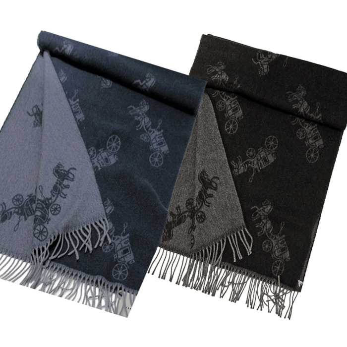 COACH ロゴパターン マフラー ブラック/グレー コーチ カシミヤ混 馬車柄マフラー送料無料 キャップ、マフラ